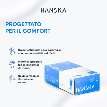 HANSKA Paquete de 100 guantes desechables de nitrilo Azul - Sin polvo - Desechables - Ambidiestros - Base de goma - Apto para uso médico y manipulación de alimentos (100, L)