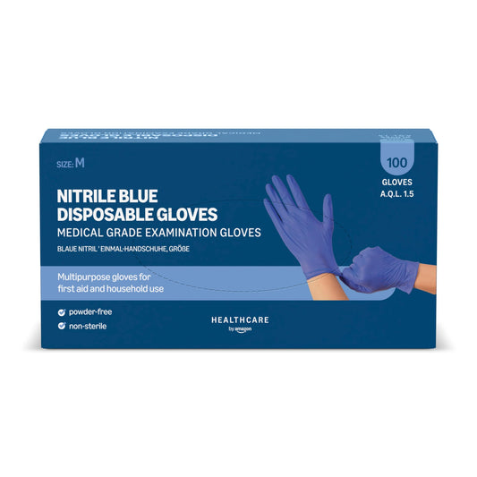 by Amazon Guantes Desechables de Nitrilo Azules, sin Polvo, sin Látex, Talla M, Paquete de 100