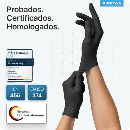 100x ARNOMED® Guantes nitrilo talla M Negro, Guantes desechables quirurgicos y laboratorio, Luvas nitrilo descartaveis sin polvo y látex, Manoplas nitrilo en XS, S, M, L, XL, XXL