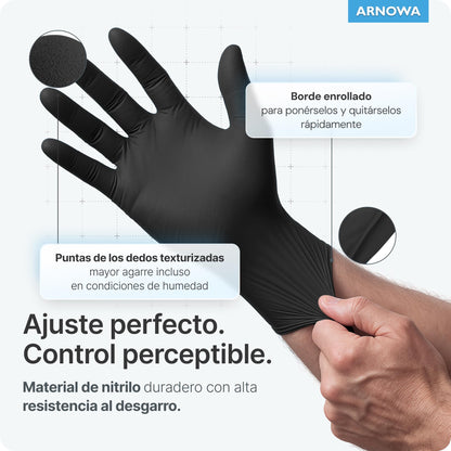 100x ARNOMED® Guantes nitrilo talla M Negro, Guantes desechables quirurgicos y laboratorio, Luvas nitrilo descartaveis sin polvo y látex, Manoplas nitrilo en XS, S, M, L, XL, XXL