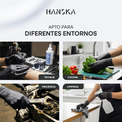 HANSKA Guantes desechables de nitrilo negros – Sin polvo – Desechar– Ambidextros – No estériles – Base de goma – Apto para ámbitos médicos, manipulación de alimentos (100, M)